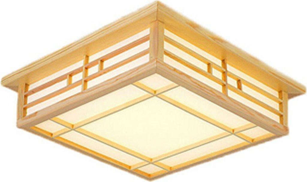A square ceiling light with a wooden frame and a translucent diffuser.
