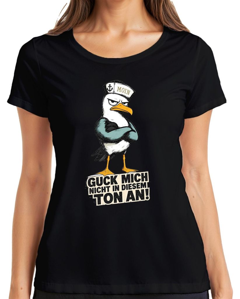 Guck mich nicht in diesem Ton an Möwe Moin Statement Sarkasmus Damen T-Shirt, Schwarz, 3XL