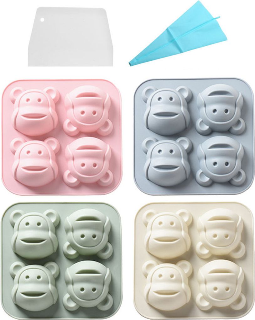 CANDeal Packung Mit 4 Silikon-Pralinen-Formen-Set, Niedliche Animail-Form, Silikon-Backform, Eiswürfelschale, Mit Spritzbeutel Und Schaber (Affe)