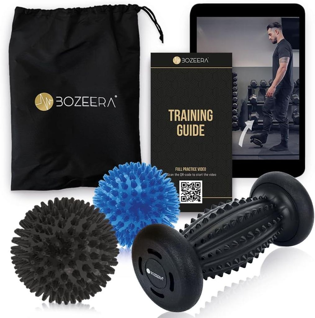 BOZEERA | Igelball Fußmassage Set| 1X Fußmassagegerät 2X Massageball | Massagebälle für Rücken Beine Füße| Igelbälle: mittelhart, Fußroll...