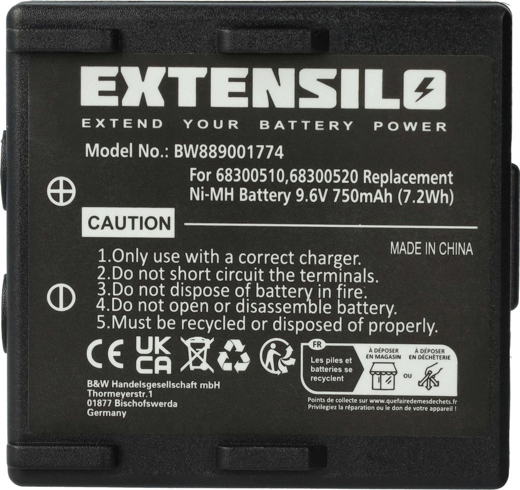 EXTENSILO Akku kompatibel mit Abitron Nova, KH68300520.A, Ergo Industrie-Funkfernsteuerung Fernbedienung (750 mAh, 9,6 V, NiMH) - Schwarz