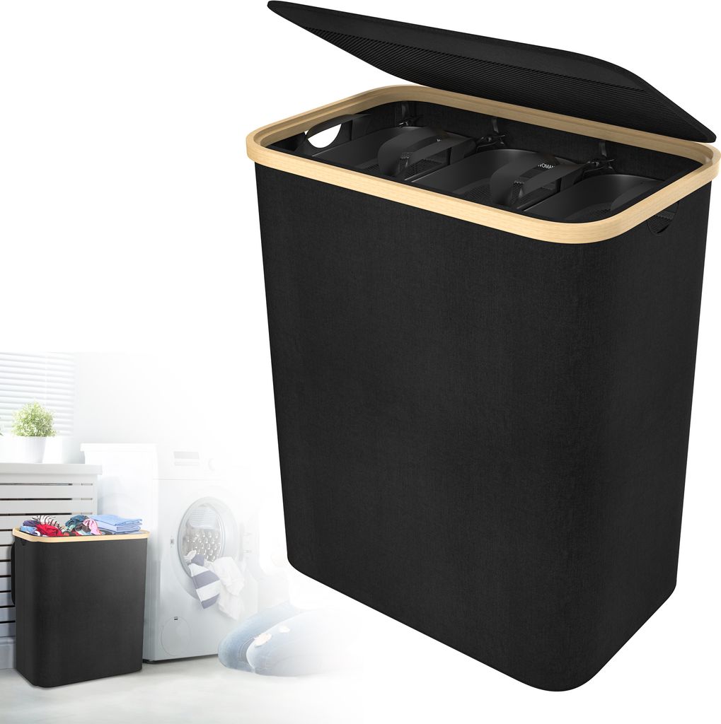 A black laundry basket with a beige rim and lid, shown open to reveal three compartments. A smaller inset image shows the basket filled with clothes next to a washing machine.