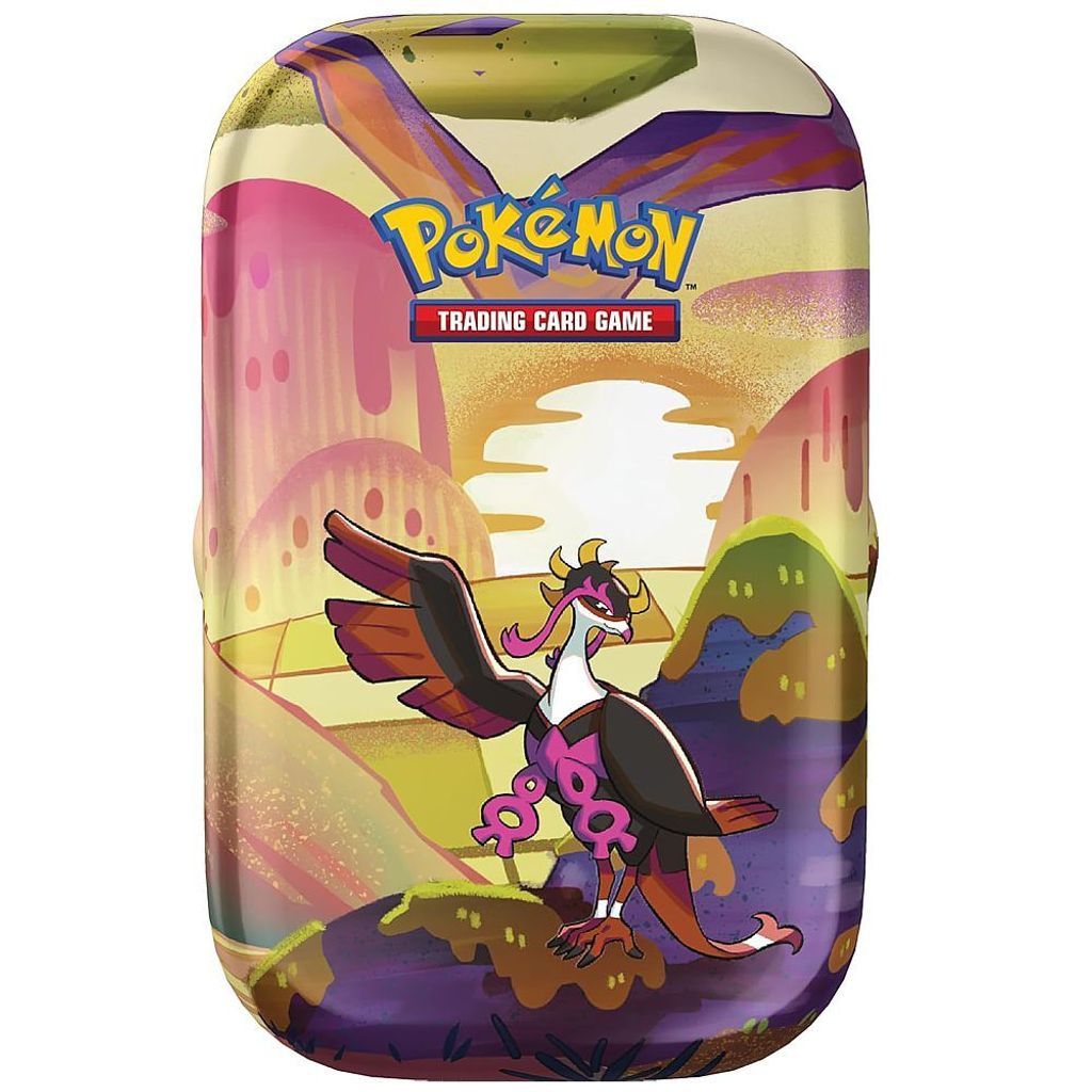 A Pokémon trading card game mini tin box featuring artwork of a Pokémon character and a landscape.