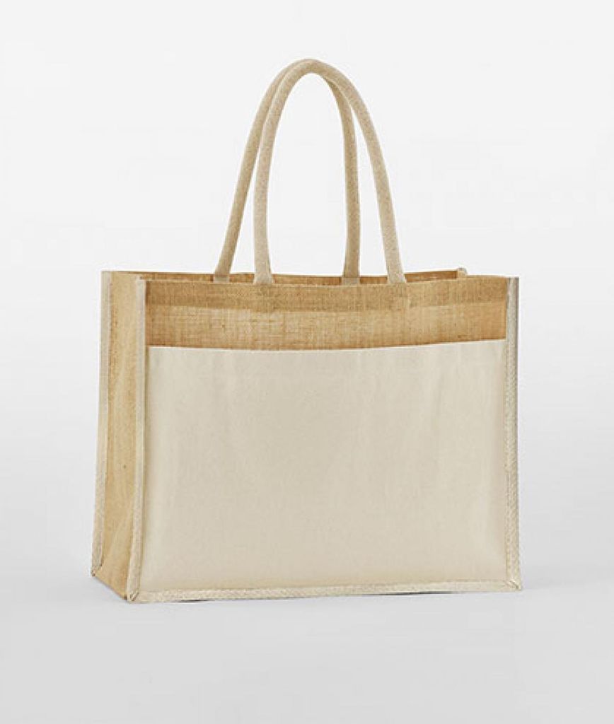 Westford Mill W480 | Baumwolle Pocket Natural Starched Jute Shopper - Farbe: Natural - Größe: 42 x 33 x 19 cm