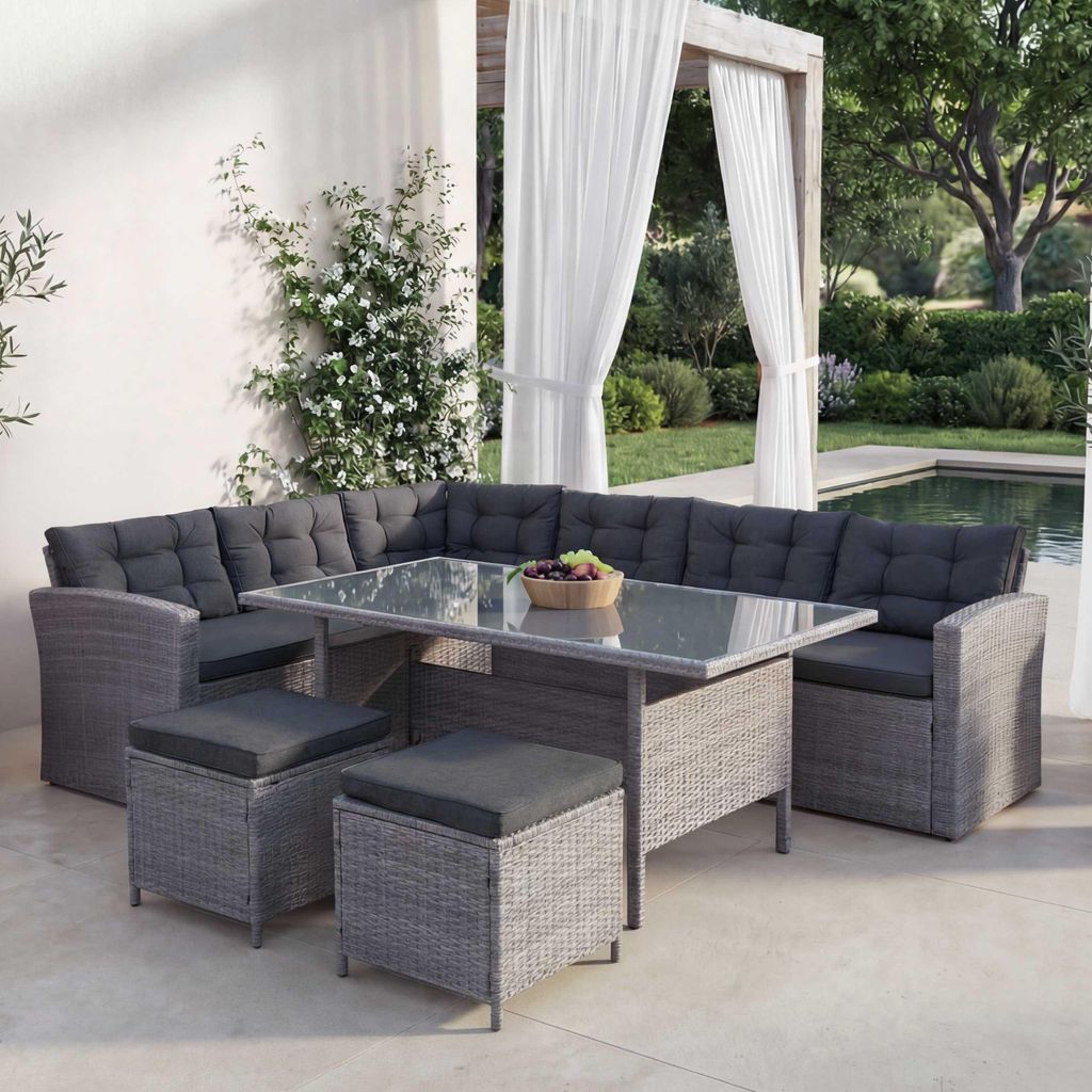Poly-Rattan-Garnitur HWC-A29, Gartengarnitur Sitzgruppe Lounge-Esstisch-Set Sofa grau, Kissen grau + 2x Hocker