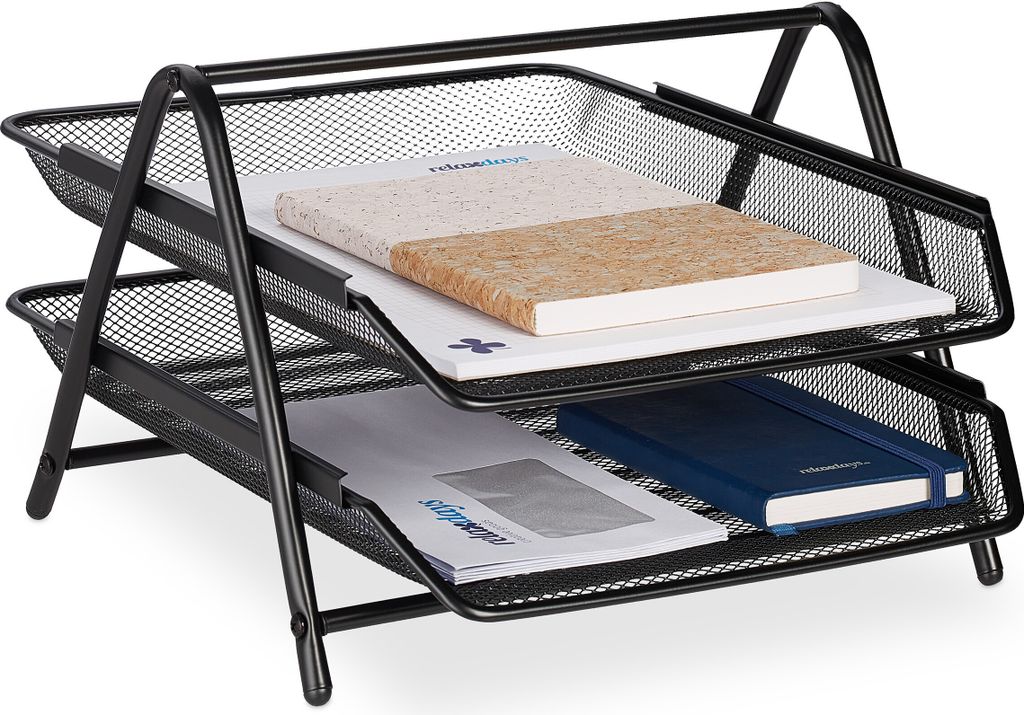 Relaxdays Dokumentenablage, 2 Fächer, Büroablage für A4, HxBxT: 20,5 x 30 x 35,5 cm, Mesh-Metall, Briefablage, schwarz