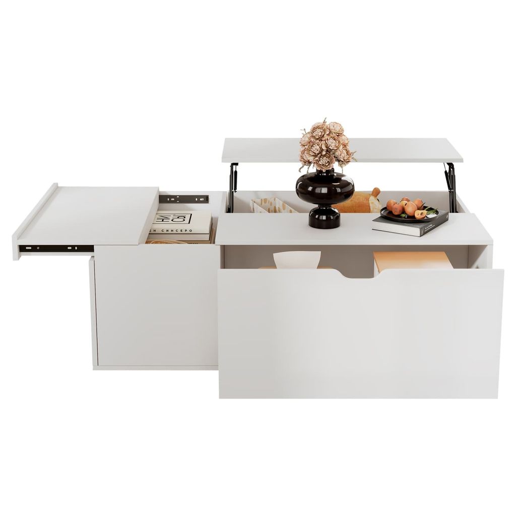 Moderner multifunktionaler weißer Lift-up-Couchtisch mit Schubladen und Schiebetüren, flexibler Raum, geeignet für eine Vielzahl von Wohnstilen