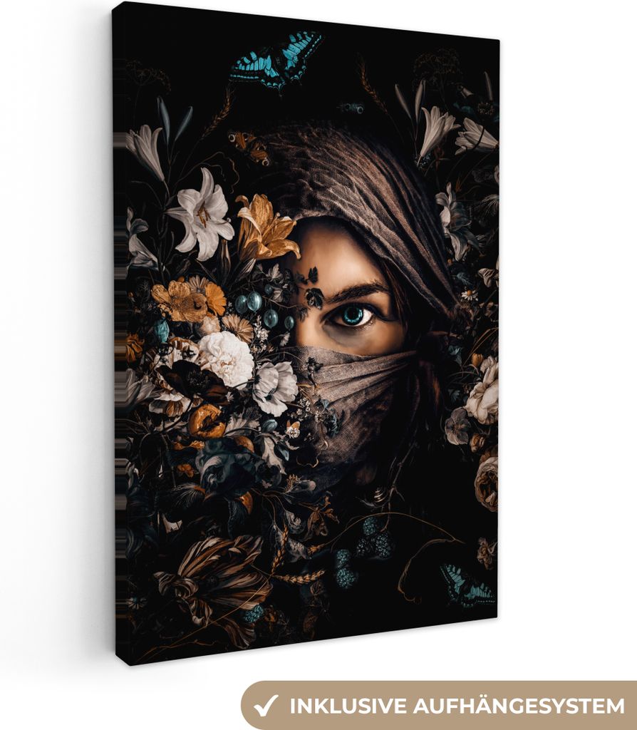 MuchoWow - Leinwandbilder - Frau - Luxus - Blumen - Schmetterling - Porträt, Wandbild, Wanddeko Bilder Wohnzimmer, 40x60 cm