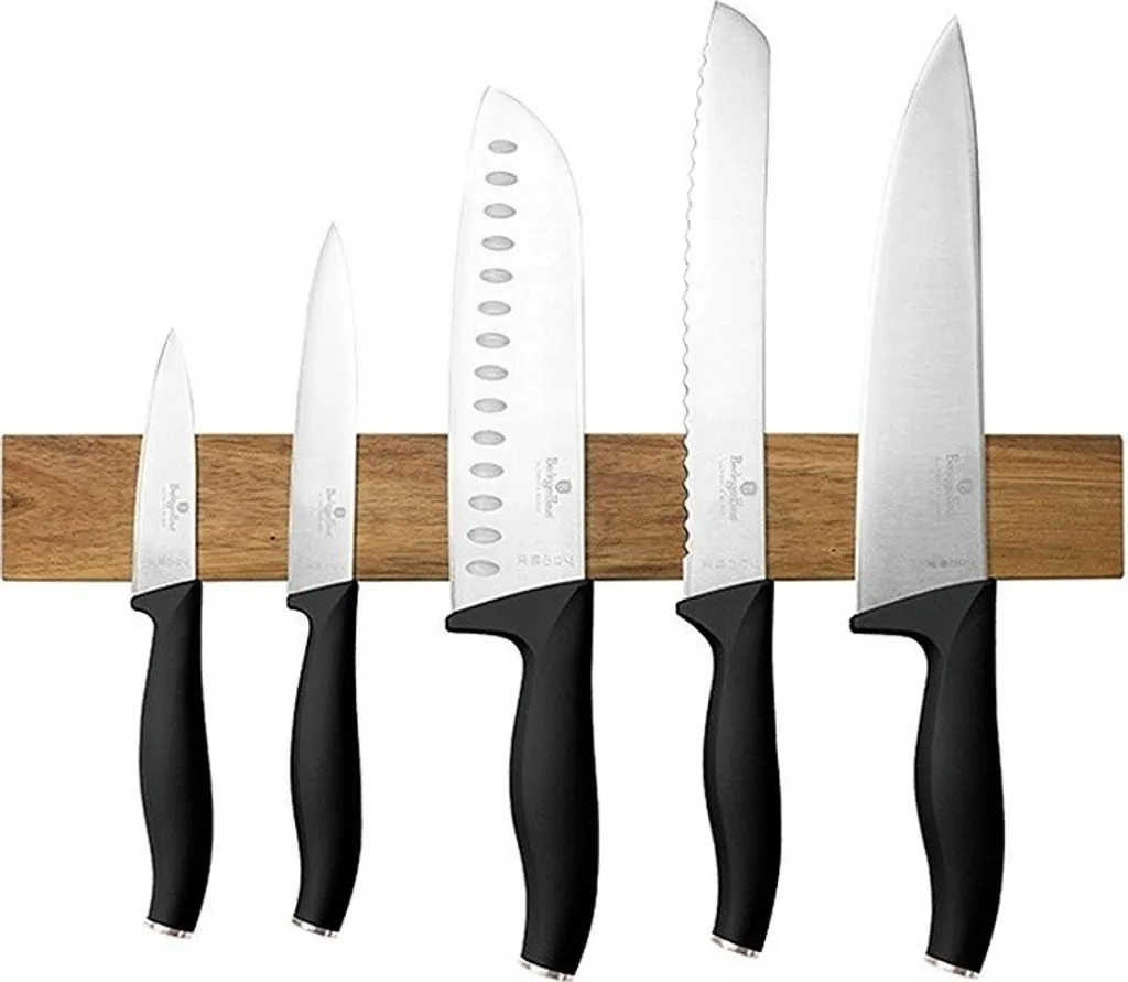 Set di coltelli in acciaio inossidabile Berlinger Haus con supporto magnetico in legno di acacia, 6 pezzi, nero-oro rosa, include coltello da chef e Santoku, design elegante ed ergonomico
