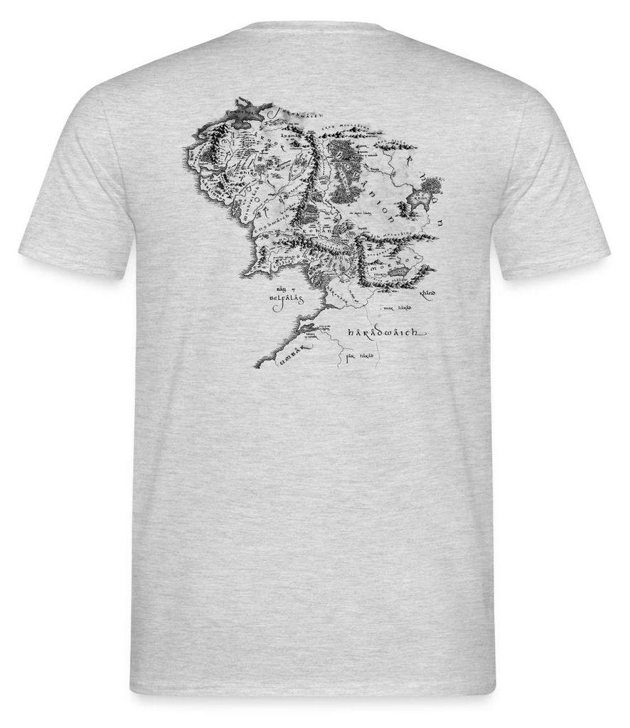 Spreadshirt Der Herr Der Ringe Rückenprint Mittelerde-Karte Männer T-Shirt, M, Grau meliert