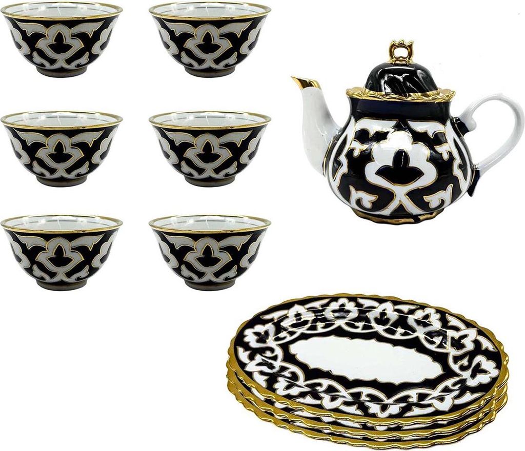 Teeservice Pahta Gul Gold - Teekanne 0,9L + 6 Pialas Ø11cm + 3 ovale Teller 23x14,4 cm Weiß-Blau-Gold
