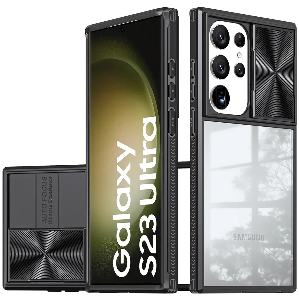 Custodia Trasparente Galaxy S23 Ultra: Bumper Nero e Slide Camera