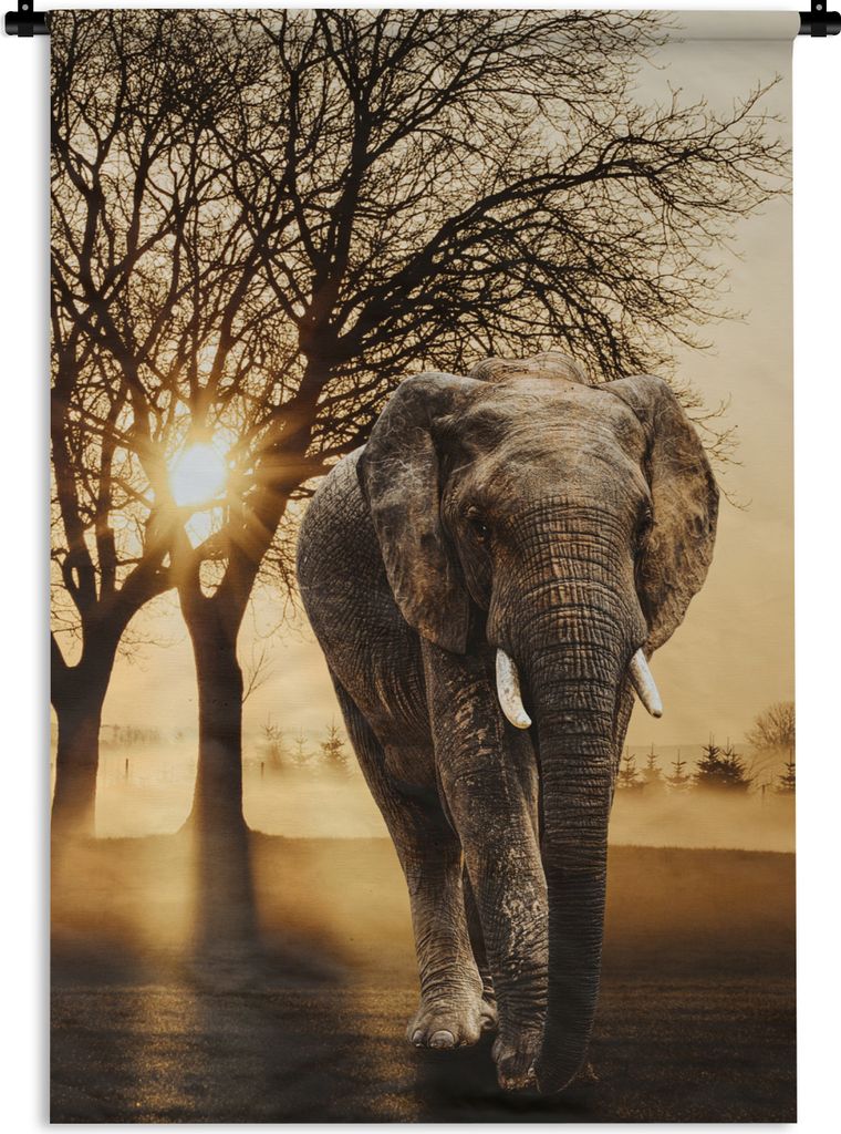 MuchoWow Wandteppich Wandbehang Elefant - Baum - Sonne 90x135 cm Tapisserie Dekoration Wandtuch - Baumwolle - Wandskulptur