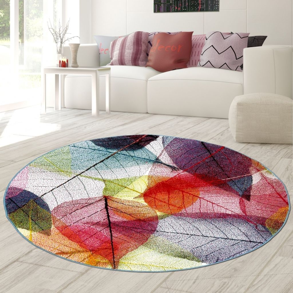 Wohnzimmerteppich Schlafzimmer Blätter Muster pflegeleicht bunt Größe - 160 cm Rund
