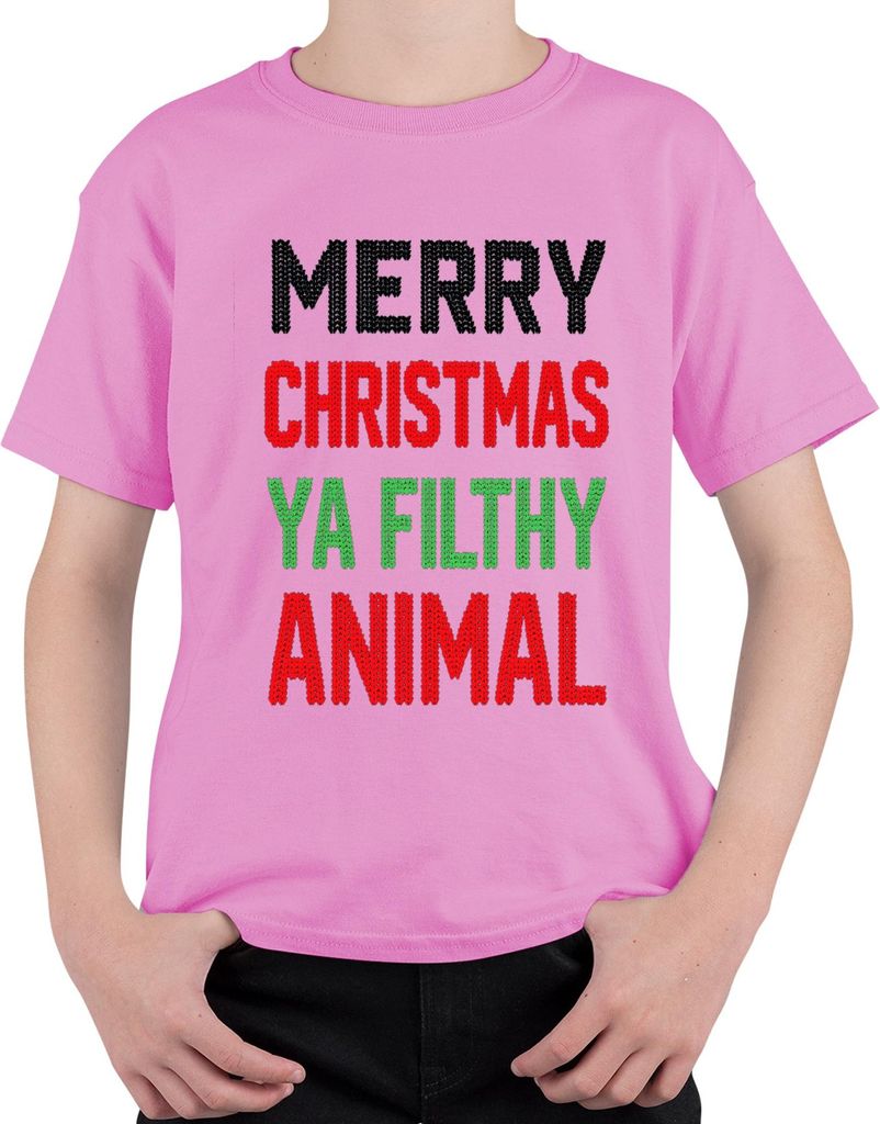 Merry Christmas Ya Filthy Animal Weihnachten Strickoptik ugly sweater Uni Kinder T-Shirt, Pink, 116