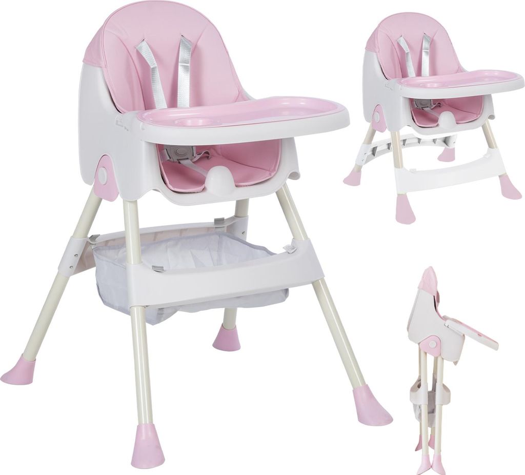 K IKIDO Hochstuhl Baby, 3in1 Kinderhochstuhl, Klappbarer Esszimmerstuhl, Korb, 5-Punkt-Sicherheitsgurt, Babystuhl für baby ab 6 Monaten, rosa