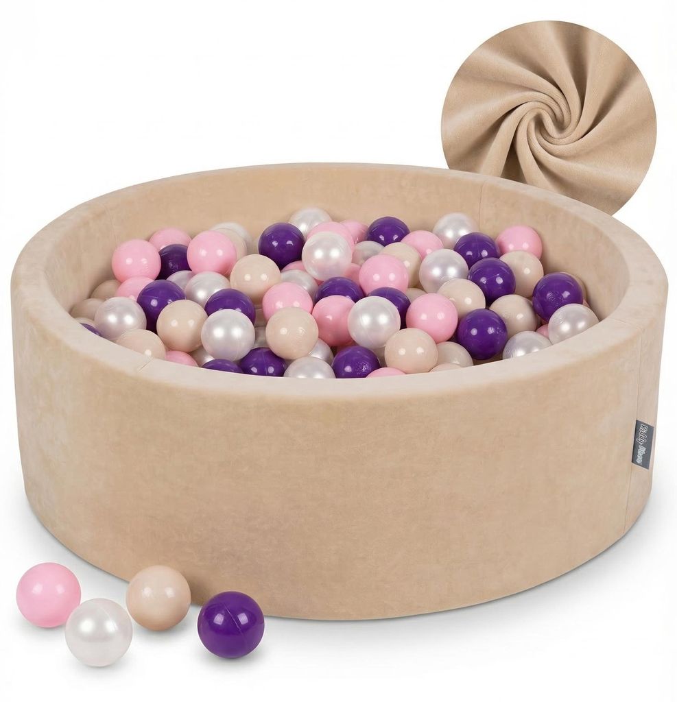 KiddyMoon Velvet Bällepool Kinder 90x30cm mit 300 Bunten Bälle ∅7cm - Bällebad Rund Baby zimmer Babyspielzeug Spielbad Plastikbälle - Sandbeige