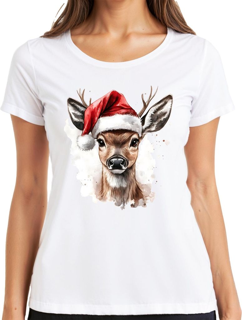 Rehkitz Santa Hut Weihnachten Aquarell festlich Geschenk Retro Damen T-Shirt, Weiß, S