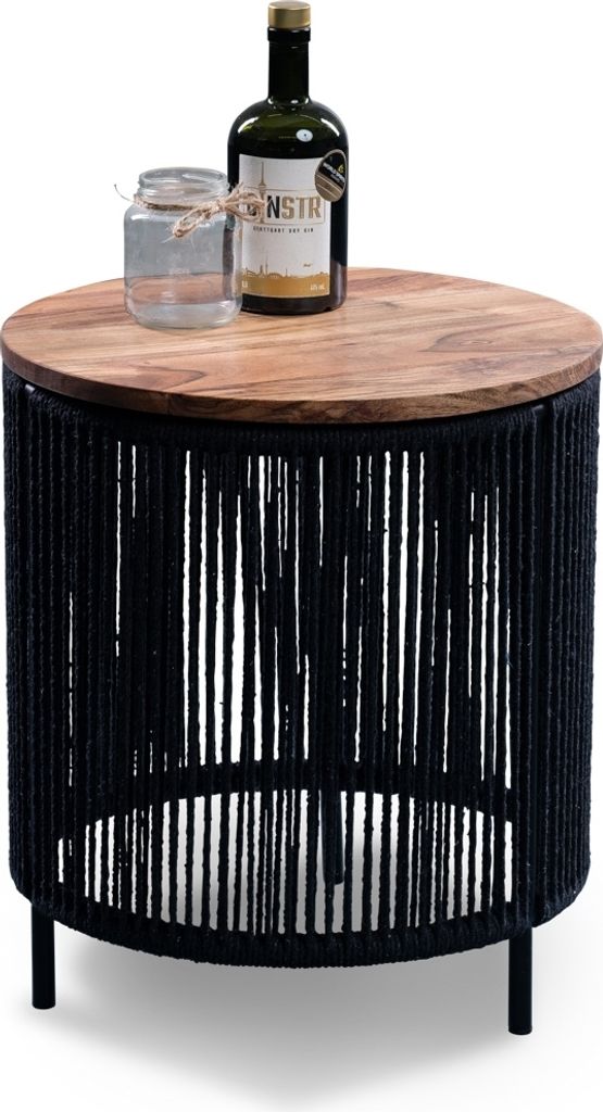 Beistelltisch >Simon< in schwarz / Akazie, Metall / Massivholz - 45x40cm (HxD)