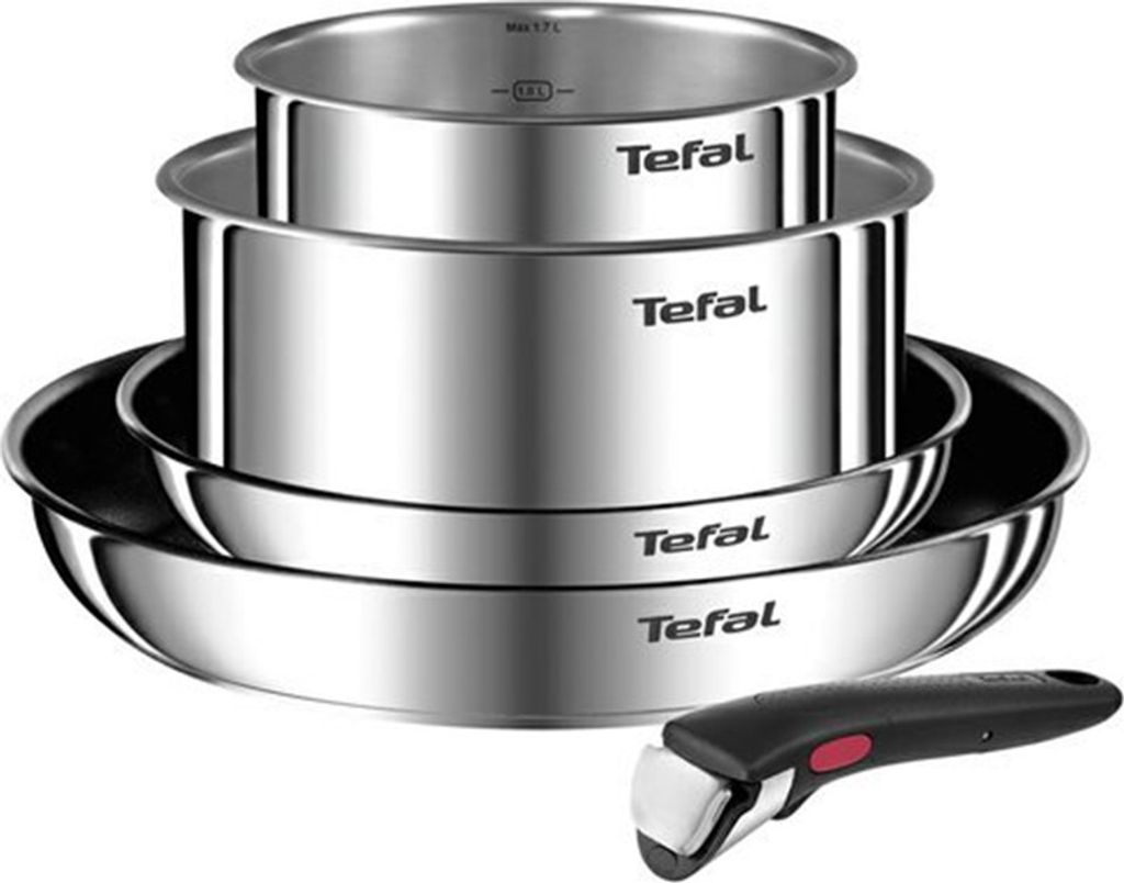 A stack of Tefal pots and pans with a detachable handle.
