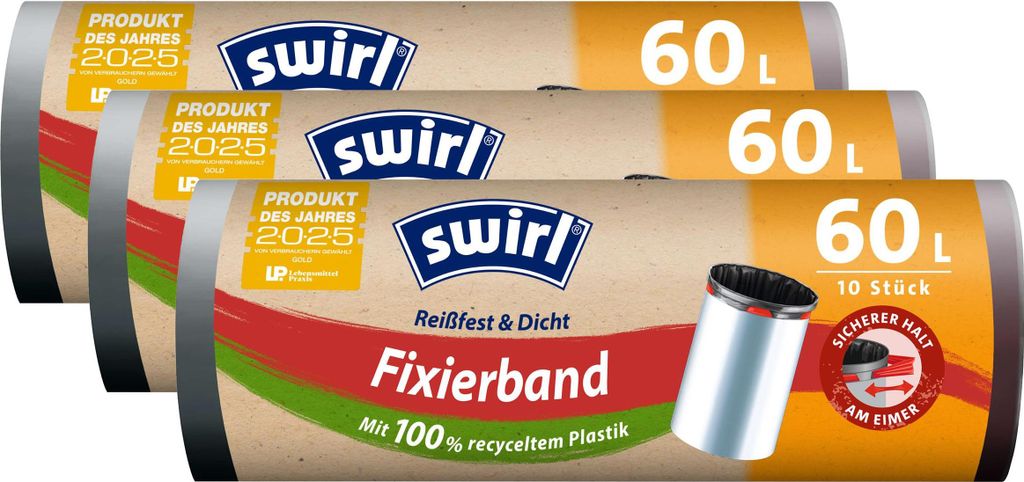 3x Swirl Fixierband Müllbeutel 60L ( 10 stk./Rolle )