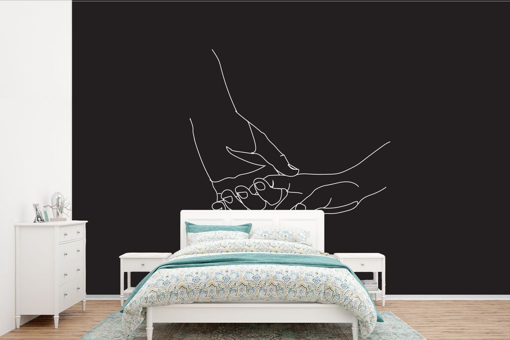 MuchoWow Fototapete für Wohnzimmer oder Schlafzimmer Wandtapete Vinyl Motivtapete Strichzeichnungen - Hände - Schwarz - Weiß - 600x400 cm - Vi...