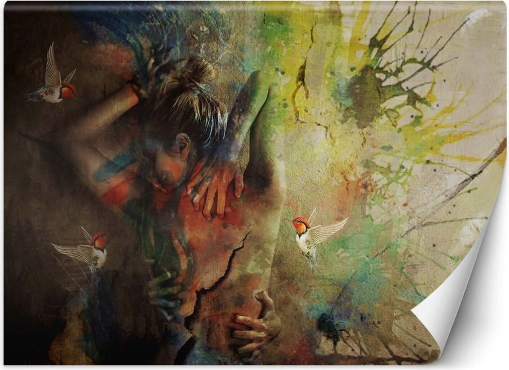 Vlies fototapete Frau und Kolibris abstrakt gemalt 150x105 cm Feeby Grün inkl. Kleber einfache Montage