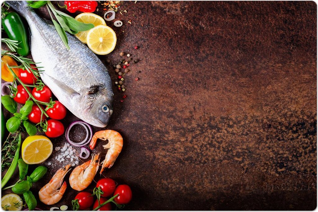 Küchenmatte 140x210 cm Vinylmatte Bodenmatte Dekoration - Fisch Shrimps mit Kräutern