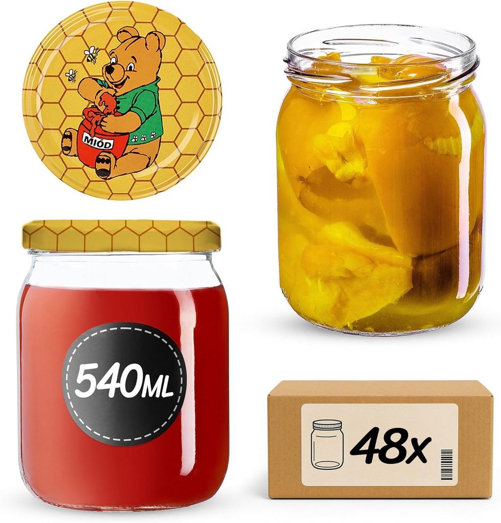 A collage of images showing honey jars, a lid with Winnie the Pooh, and a box of jars.