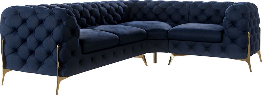 S-STYLE MÖBEL - Chesterfield Ecksofa Nova mit Goldene Metall Füßen aus Marineblau Samtstoff - Ottomane rechts, B/T/H: 264 cm / 204 cm / 75 cm