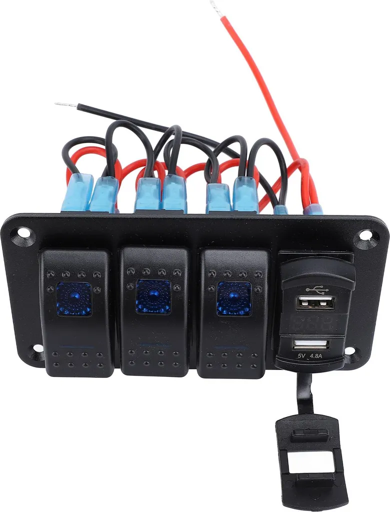 Pannello Auto Impermeabile Con Doppia USB, Presa Accendisigari E Voltmetro LED Blu – 12V/24V Per Barca, Camper, Camion