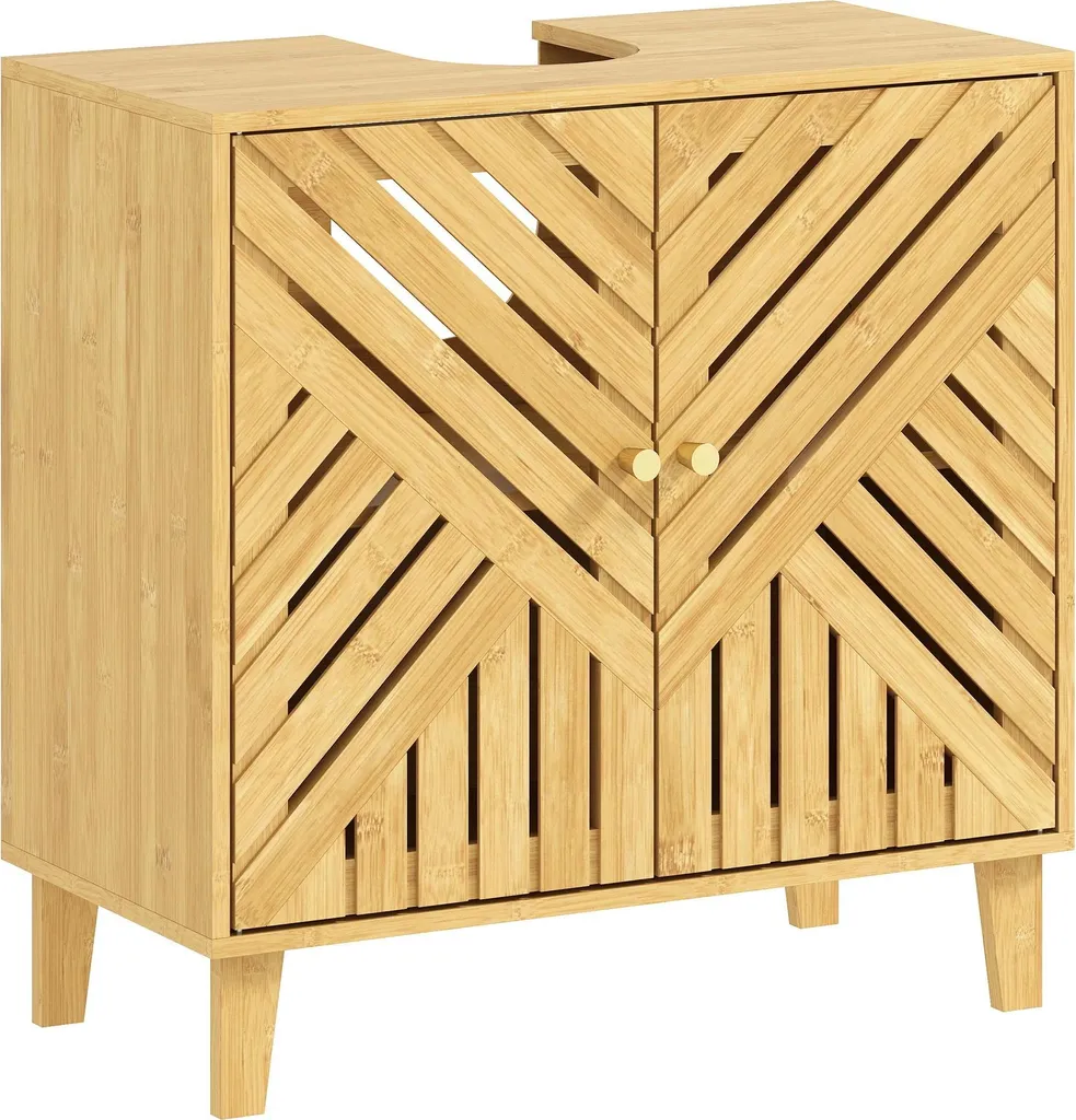Meuble sous-vasque en bambou 60x30x60 cm avec 2 portes à lamelles bois