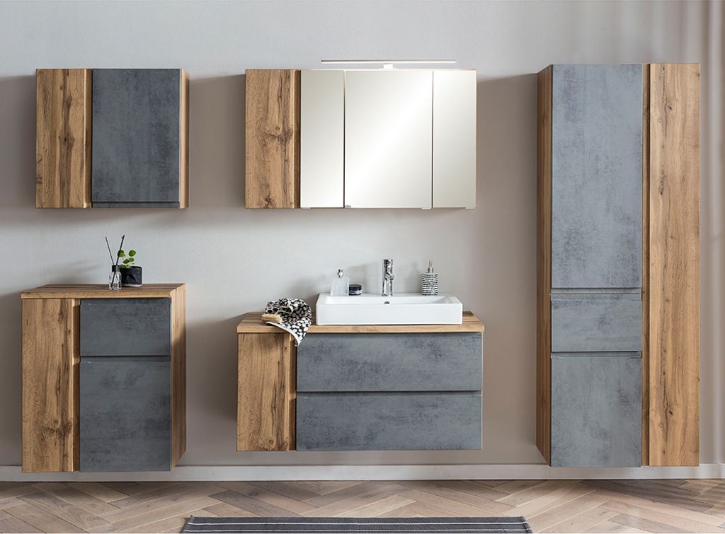 Badmöbel Set mit Aufsatzleuchte und Keramik-Aufsatzbecken rechts, Wotan Eiche Nb. mit Betonoptik, VASTO-03-CONCRETE, B/H/T ca. 265/200/47 cm