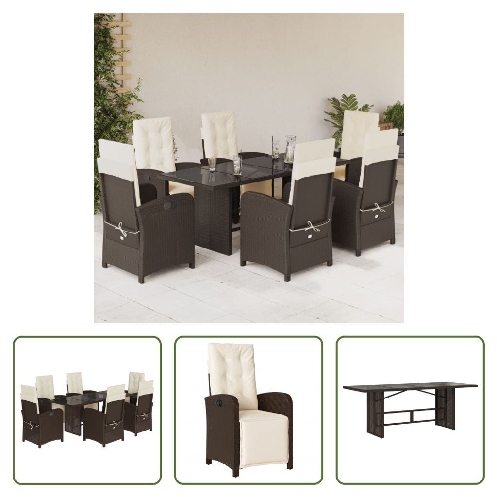 The Living Store 7-tlg. Garten-Essgruppe mit Kissen Braun Poly Rattan