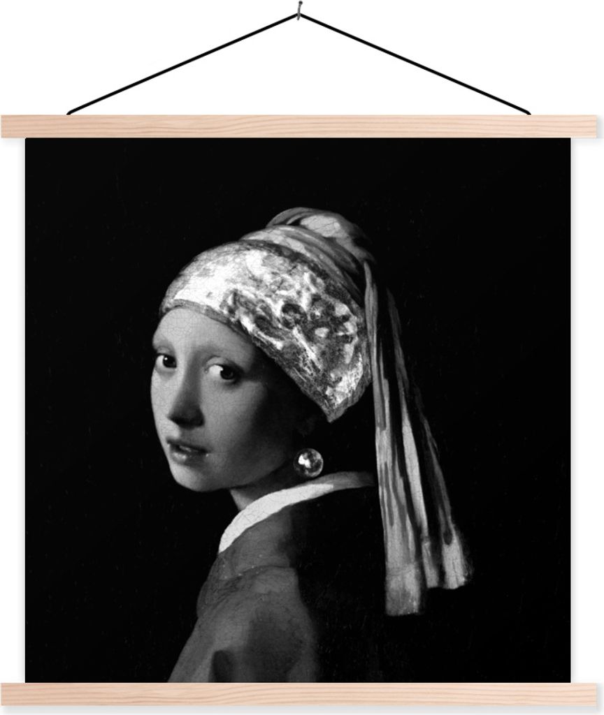 MuchoWow Textilposter Das Mädchen mit dem Perlenohrring - Johannes Vermeer - Schwarz und weiß 40x40 cm mit holzfarbenen Rahmen - Posterleiste