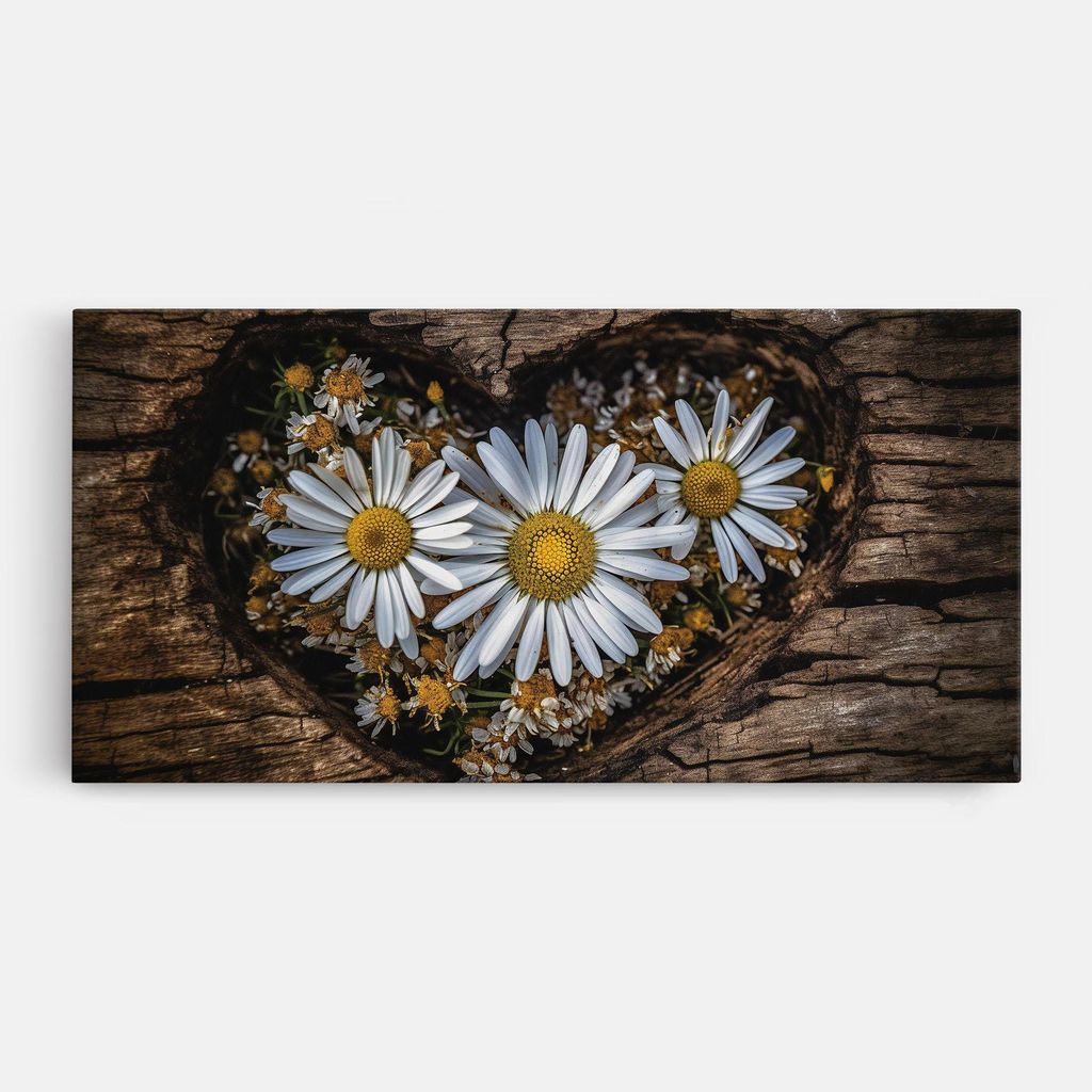 ARTHUB Leinwandbild 40x80 cm, Heart Shaped Daisy | Wohnzimmerdekoration, Hängende Bilder, Wanddekoration, Heimdekoration, Blumen, Gänseblümchen