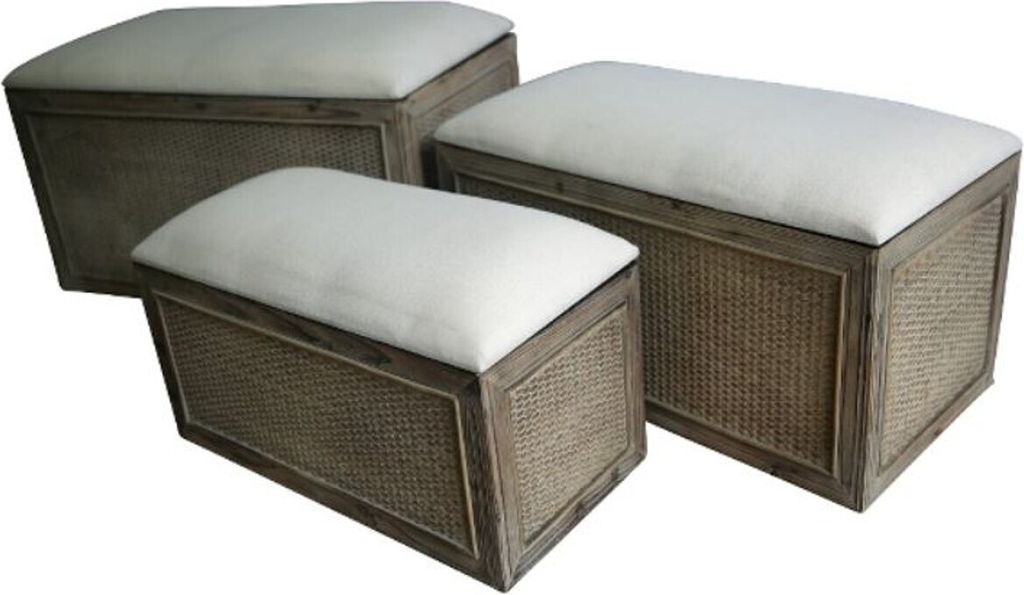 Casa Padrino Landhausstil Sitzbank 3er Set Braun / Beige - Handgefertigte Sitzbänke mit Stauraum und gepolsterten Sitzflächen