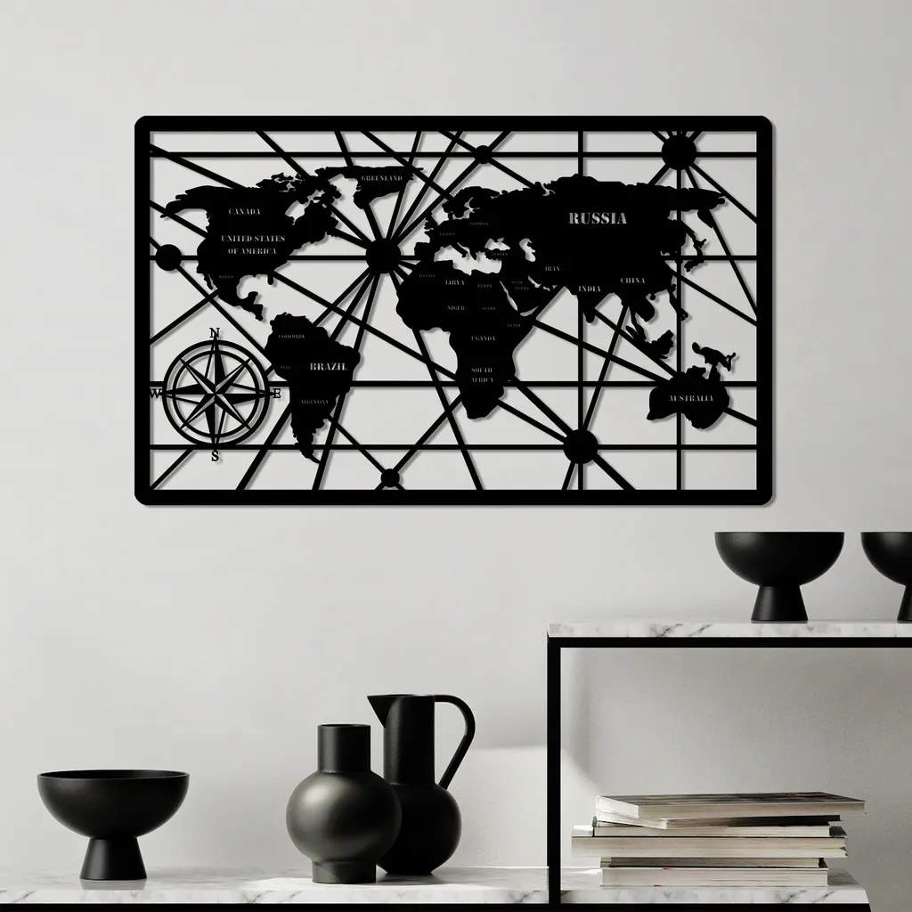 Wallity Mappa Mondo Metallo 7-M | Scultura Parete Luxury Black 50x82