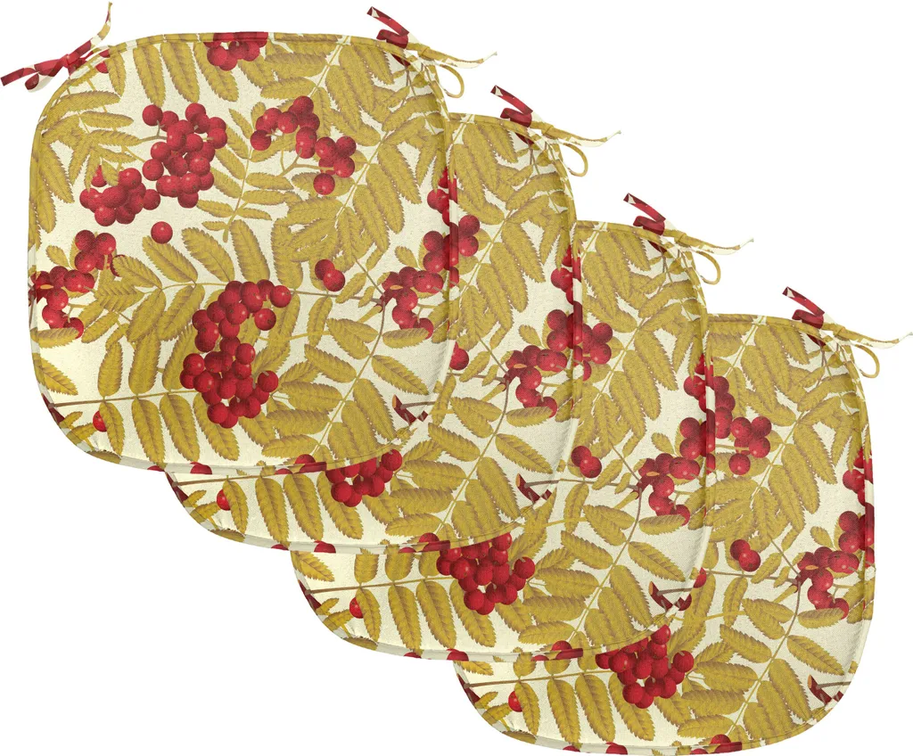 Lot de 4 Galettes de chaise avec sangles Motif Sorbiers Jaune et Rouge