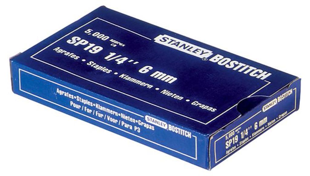 A close-up, angled view of a blue cardboard box containing staples.