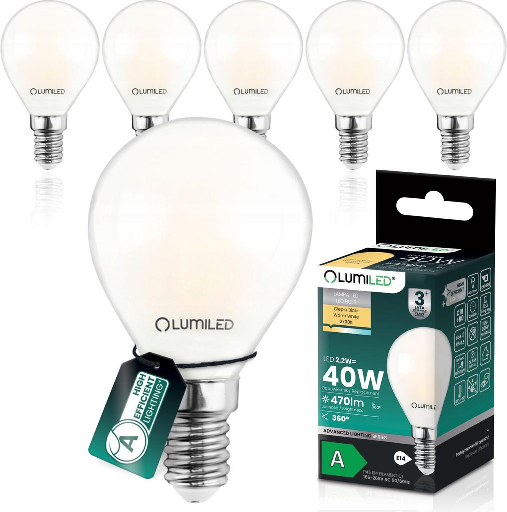 LUMILED LED 6er Set Golfball Lampe P45 E14 Ultraeffizient 2.2W 470lm Ersatz 40W 2700K Warmweiß Filament Milchglas Tropfenform 360° Abstrahlwinkel...