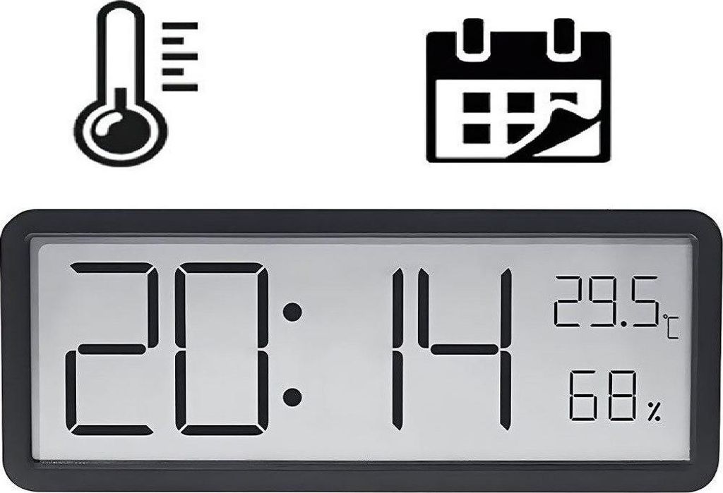 Digitale Wanduhr Schwarz, 20 cm, mit Temperatur, Luftfeuchtigkeit & Datum, Großes Display, Wand/Tisch, Batterie/Netzbetrieb