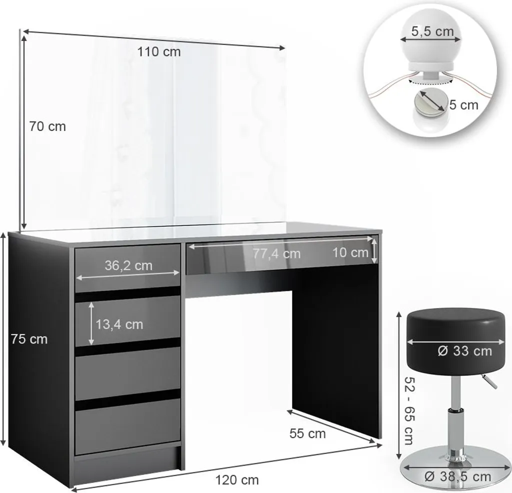 Coiffeuse Vicco Sherry Anthracite 120cm avec éclairage LED Model 36887