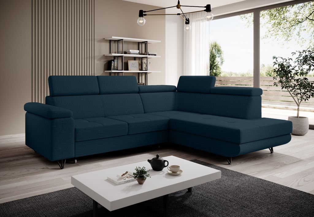 Ecksofa JUNIOR L-form Farbe Dunkelblau Vogue 13 Eckouch mit Schlaffunktion und Bettkasten, Ecksofa mit Verstellbare Kopfstützen, Wohnzimmer Polste...