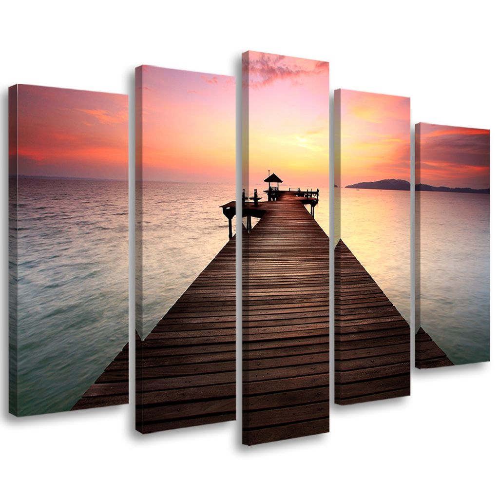 5-teiliges leinwandbild sonnenuntergang brücke am meer 200x100 cm Feeby lila wandbild bereit zum aufhängen