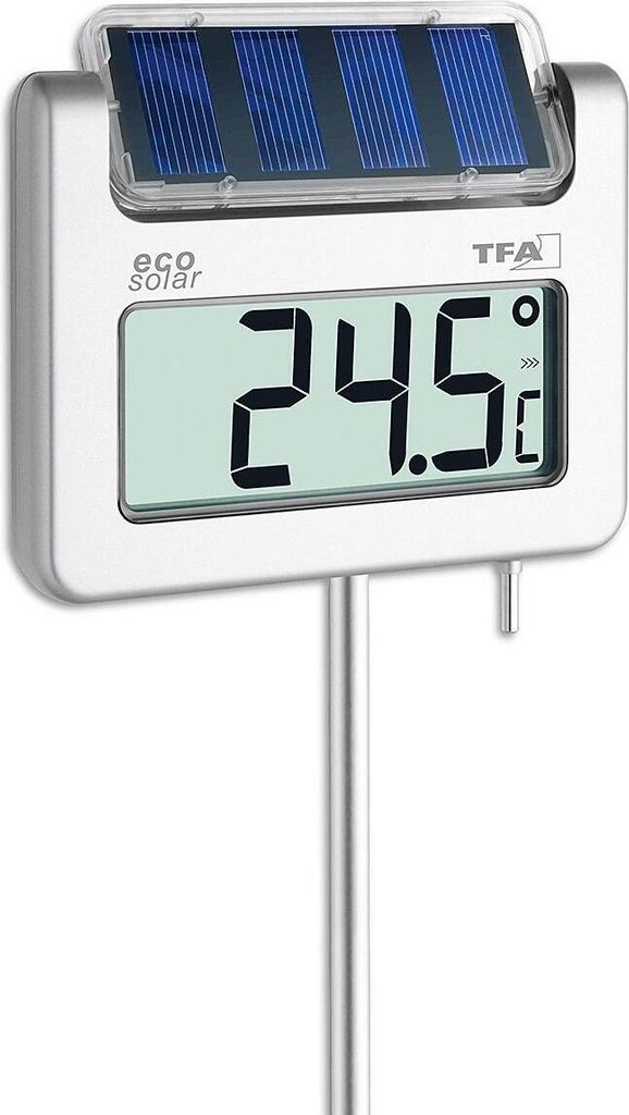 A digital thermometer with a solar panel on a white background.