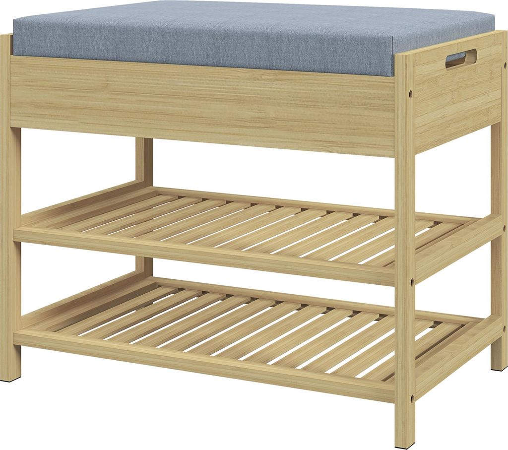 Bambus Schuhregal mit Sitzpolster, 2 Ablagen, Grau + Natur, 55x35x46 cm