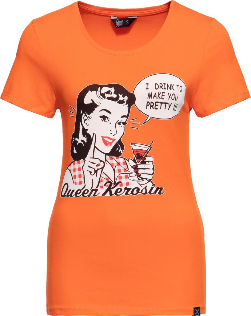 QUEEN KEROSIN Print T-Shirt Mit Vintage Front Print I Drink To Make You Pretty Orange S