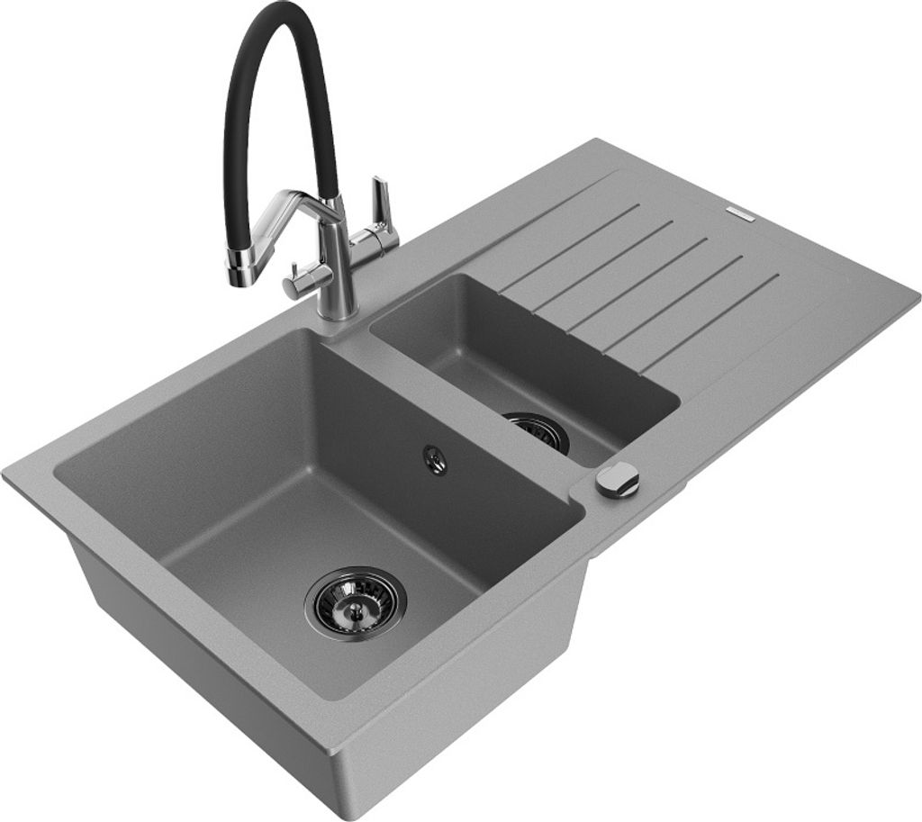 Mexen Matias 1,5-Becken-Granitspüle mit Abtropffläche und Mischbatterie Duo, Grau - 6502-71-671701-07-B