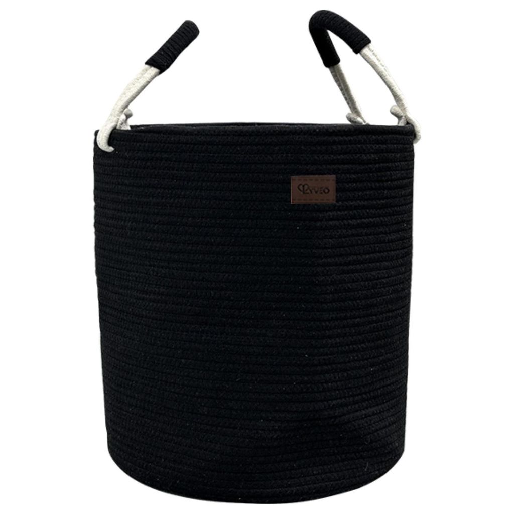 Wäschekorb aus Baumwolle 40 L Wäschesammler Aufbewahrungskorb, Baumwollseil mit Griff, Kordelzug, Wäschebehälter für Kleidung, Decken - Schwarz